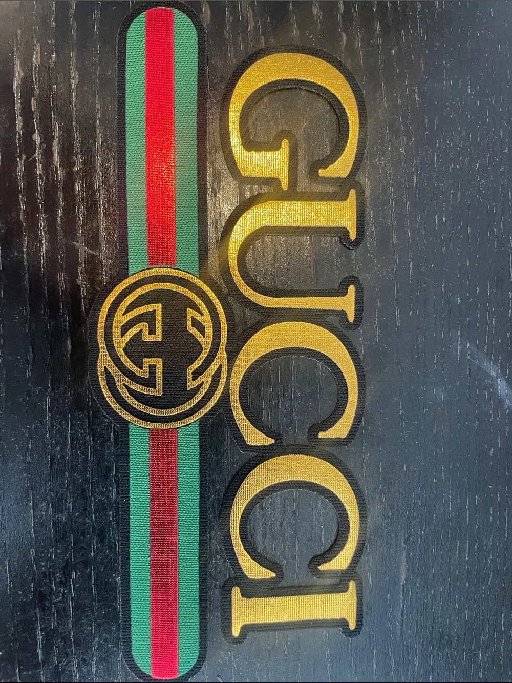 Gucci Green and Red Web Stripe Patch with Gold Logo Letters